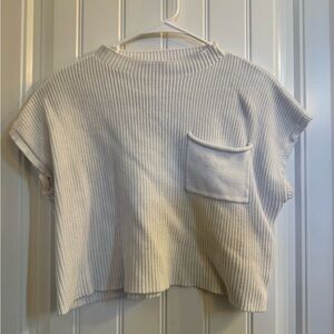 Cream Ribbed Knit Top with Pocket